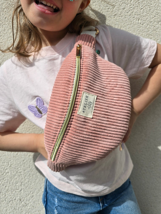 EN STOCK - Sac Banane Enfant Velours Rose - Camélia Blanc
