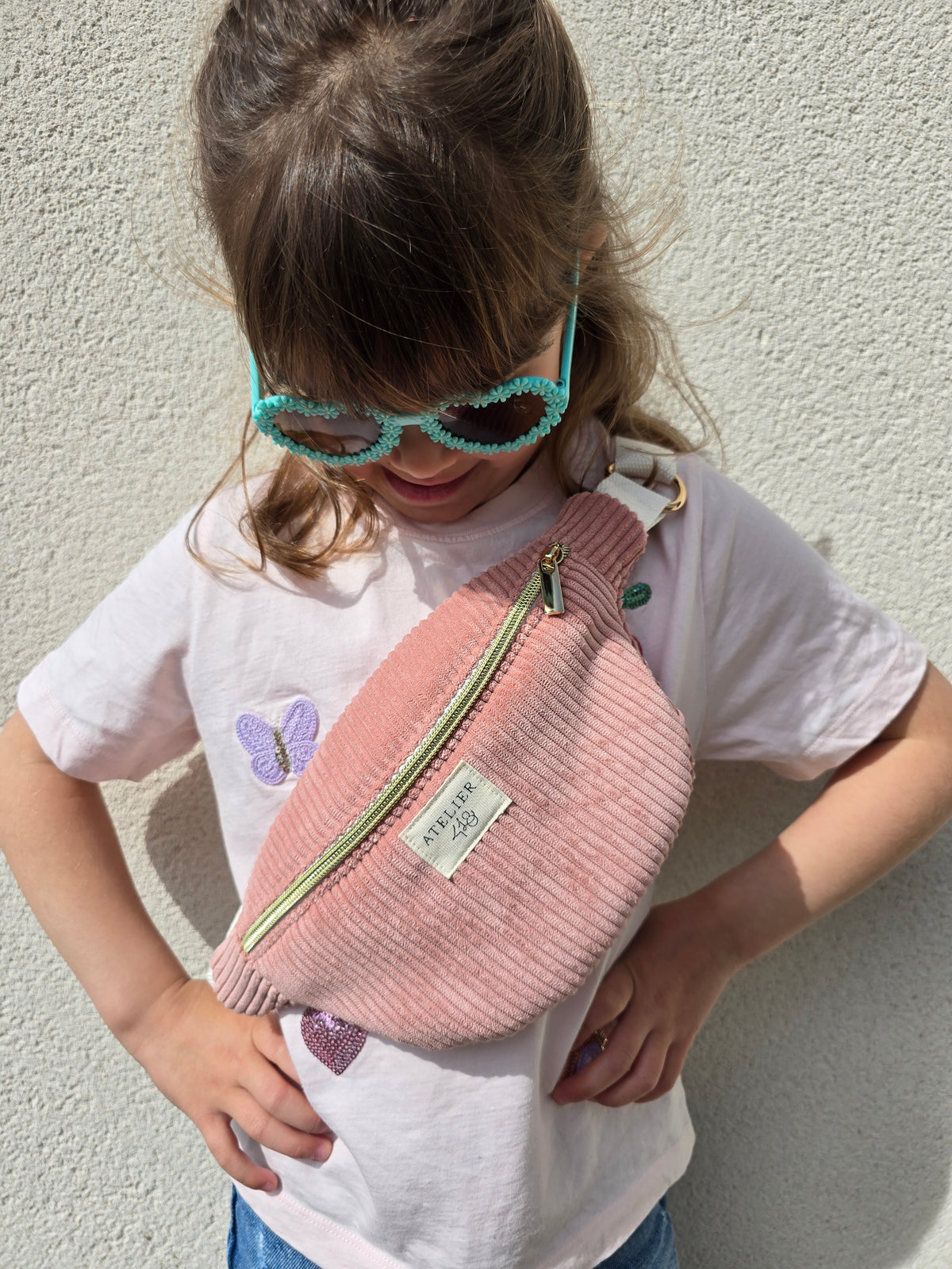 EN STOCK - Sac Banane Enfant Velours Rose - Camélia Blanc