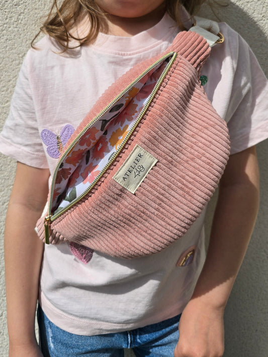 EN STOCK - Sac Banane Enfant Velours Rose - Camélia Blanc