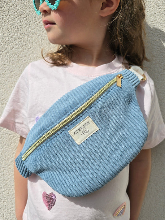 EN STOCK -  Sac Banane Enfant Velours Jeans - Fleurs bleues