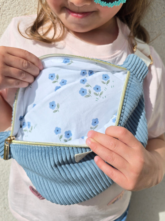 EN STOCK -  Sac Banane Enfant Velours Jeans - Fleurs bleues