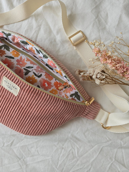 ✄‎ ‎ Sac Banane Velours Rose / Camélia blanc