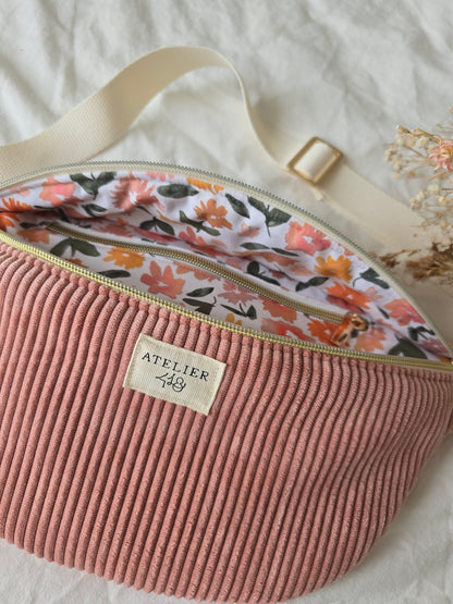 ✄‎ ‎ Sac Banane Velours Rose / Camélia blanc