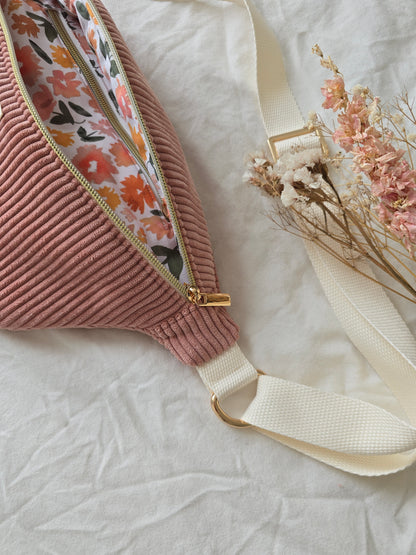 ✄‎ ‎ Sac Banane Velours Rose / Camélia blanc