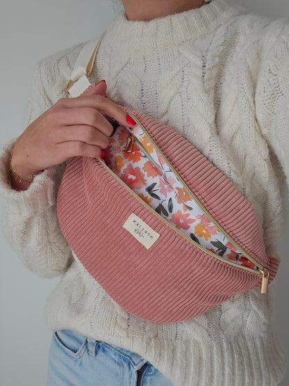 ✄‎ ‎ Sac Banane Velours Rose / Camélia blanc