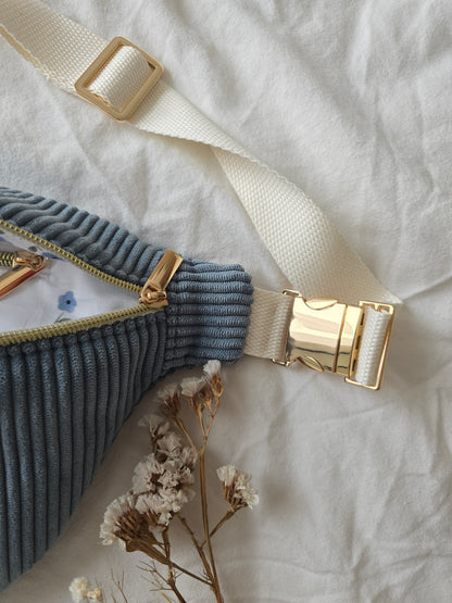 ✄‎ ‎ Sac banane Adulte Velours Jeans - Fleurs bleues