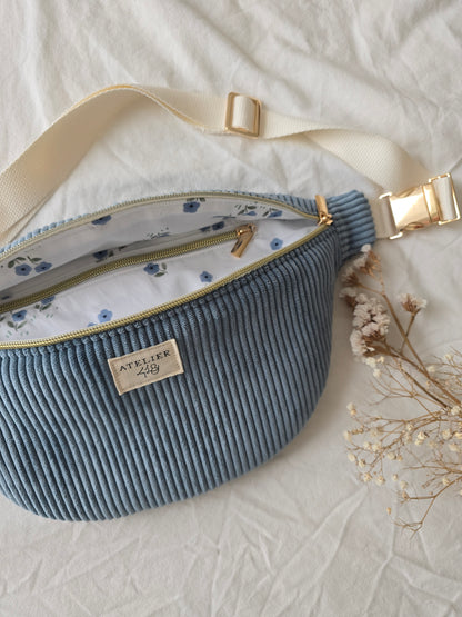 ✄‎ ‎ Sac banane Adulte Velours Jeans - Fleurs bleues