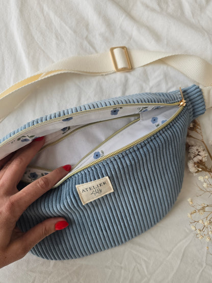 ✄‎ ‎ Sac banane Adulte Velours Jeans - Fleurs bleues