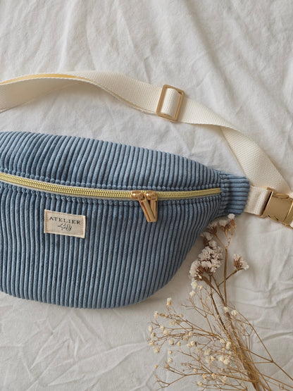 ✄‎ ‎ Sac banane Adulte Velours Jeans - Fleurs bleues