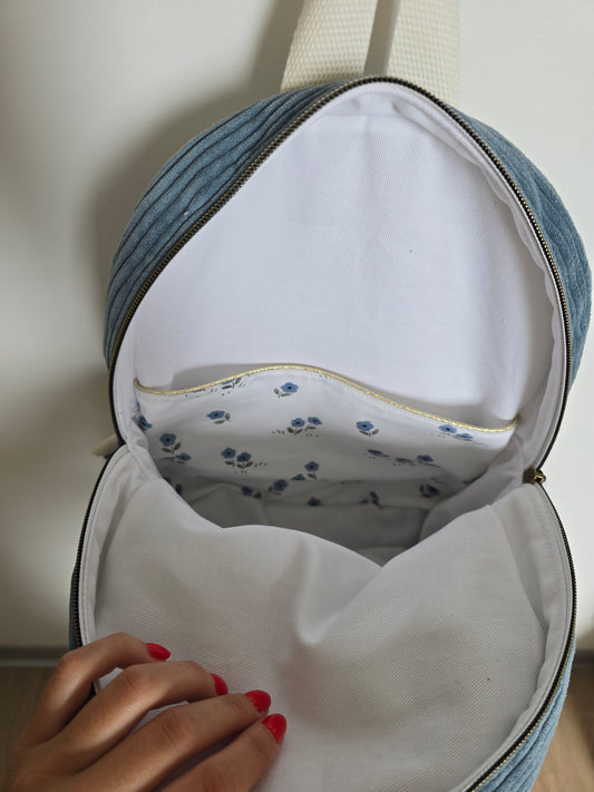EN STOCK - Sac à dos maternelle zippé Velours Bleu Jeans - Fleurs bleues