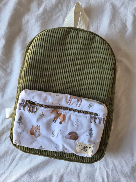 EN STOCK - Sac à dos maternelle zippé Velours Kaki - Forêt