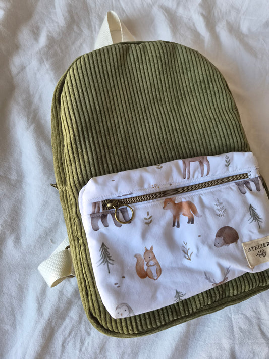 EN STOCK - Sac à dos maternelle zippé Velours Kaki - Forêt