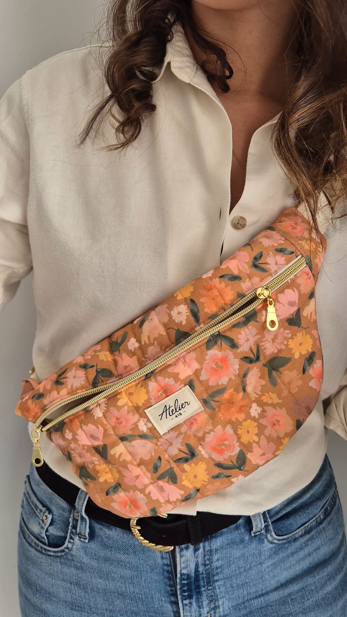✄‎ ‎ Sac Banane Motif Camélia Ocre